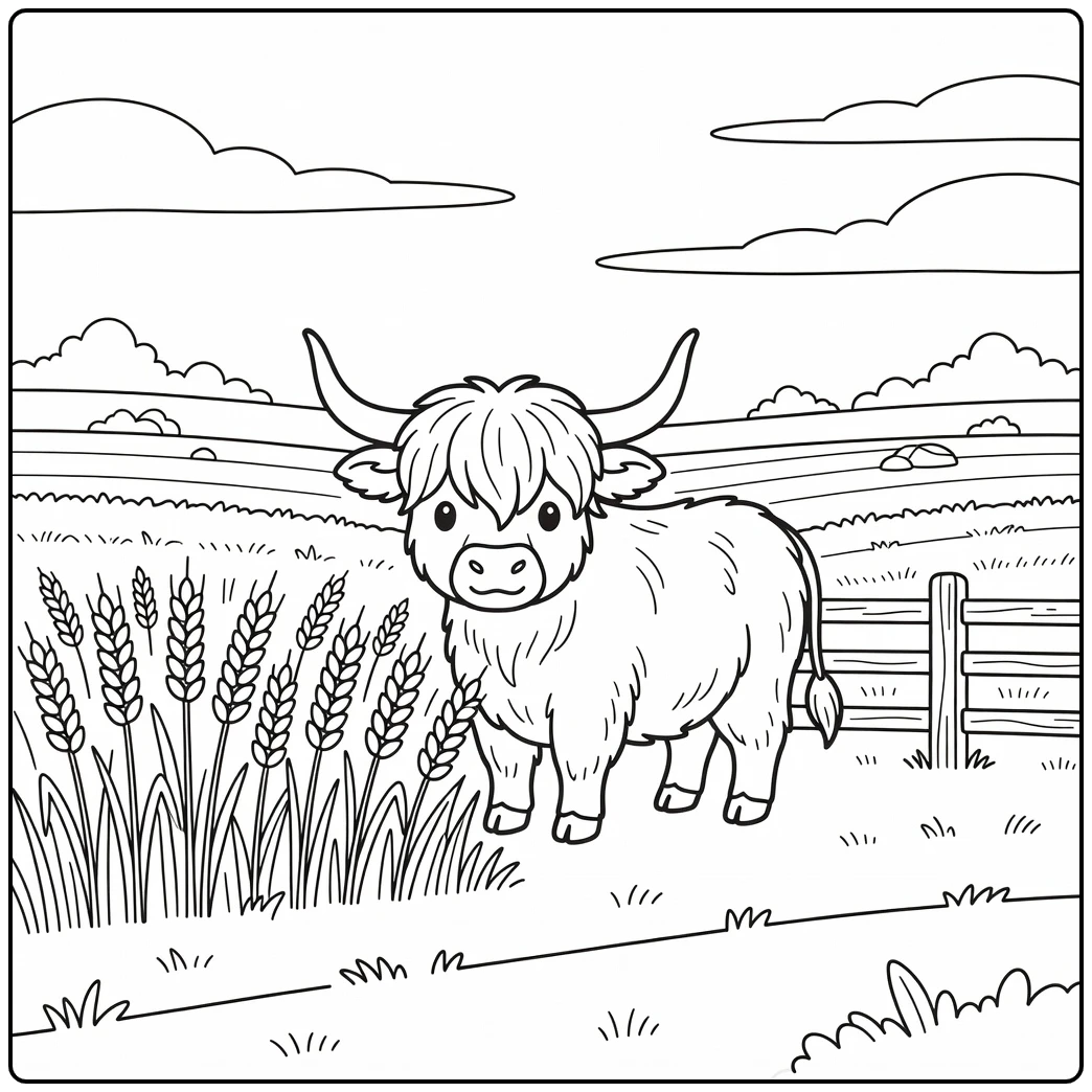 Highland cow coloring pages: shaggy cow brushing wheat