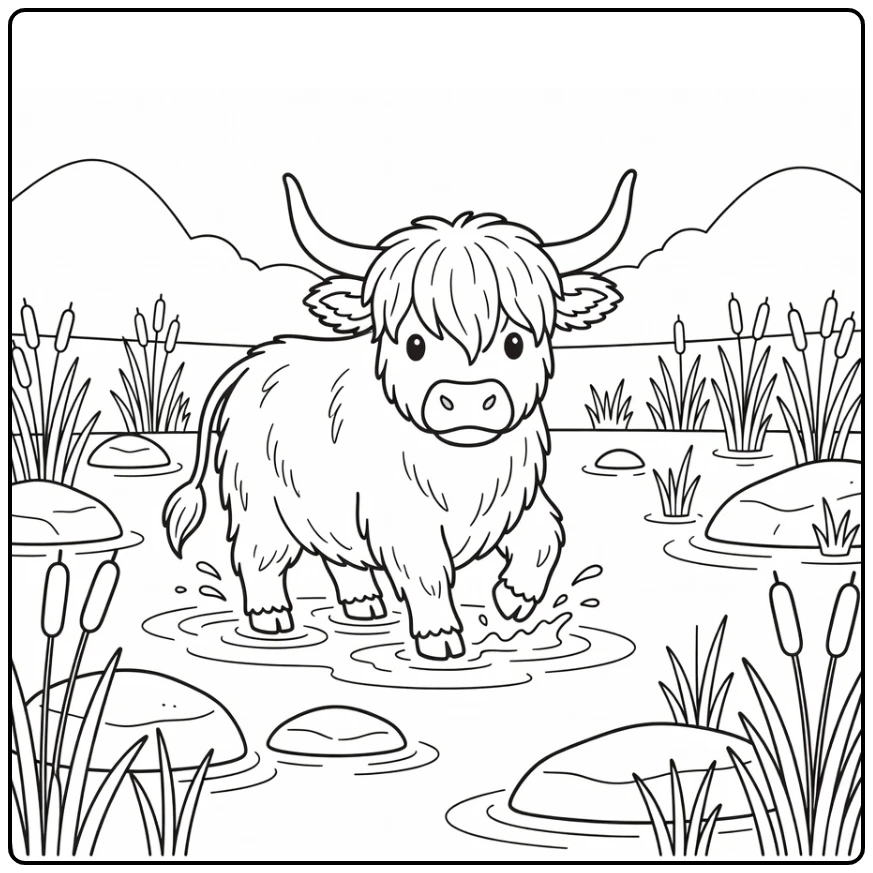 Highland cow coloring pages: wading in marsh with cattails