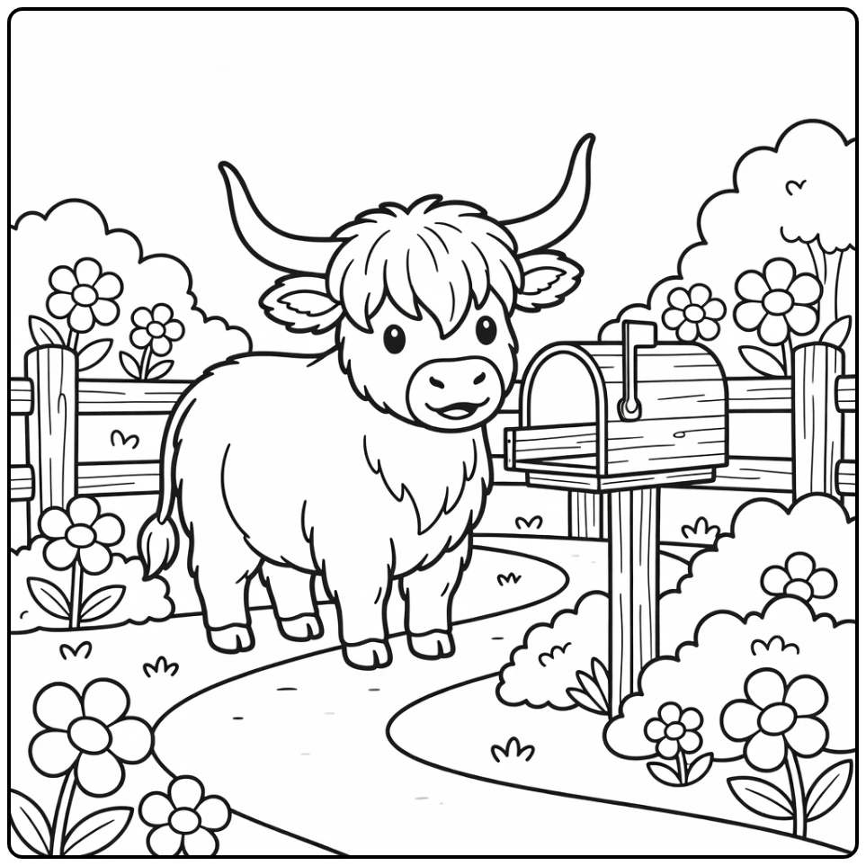 Highland cow coloring pages: fluffy cow inspects open mailbox