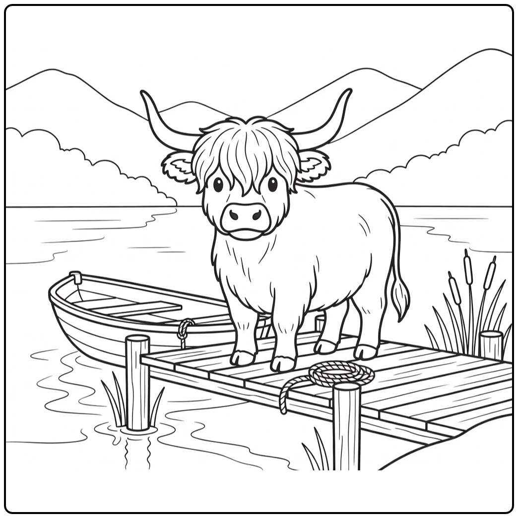 Highland cow coloring pages: cow at loch dock with rowboat