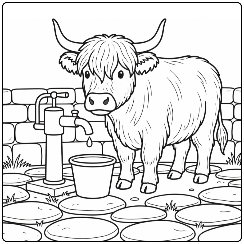 Highland cow coloring pages: shaggy cow at rustic pump