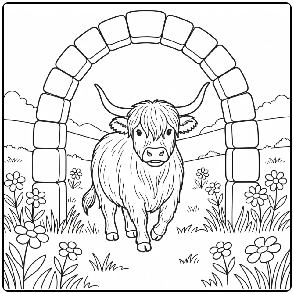 Highland cow coloring pages: shaggy cow under stone arch