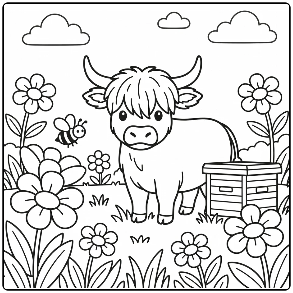 Highland cow coloring pages: shaggy cow eyes bee by hive in meadow