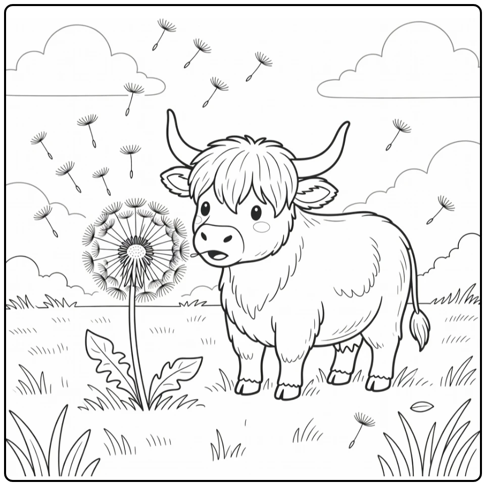 Highland cow coloring pages: shaggy cow blows giant dandelion