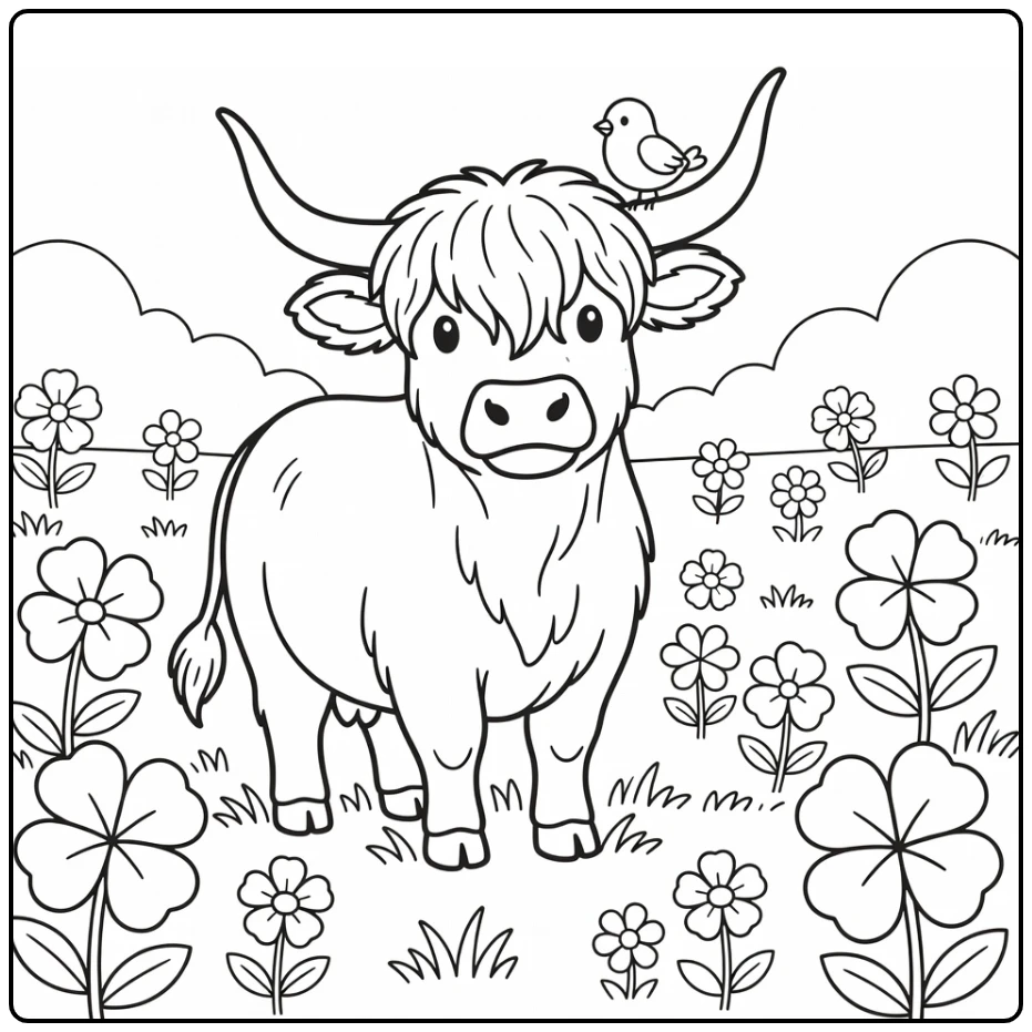 Highland cow coloring pages: bird on horn in clover meadow