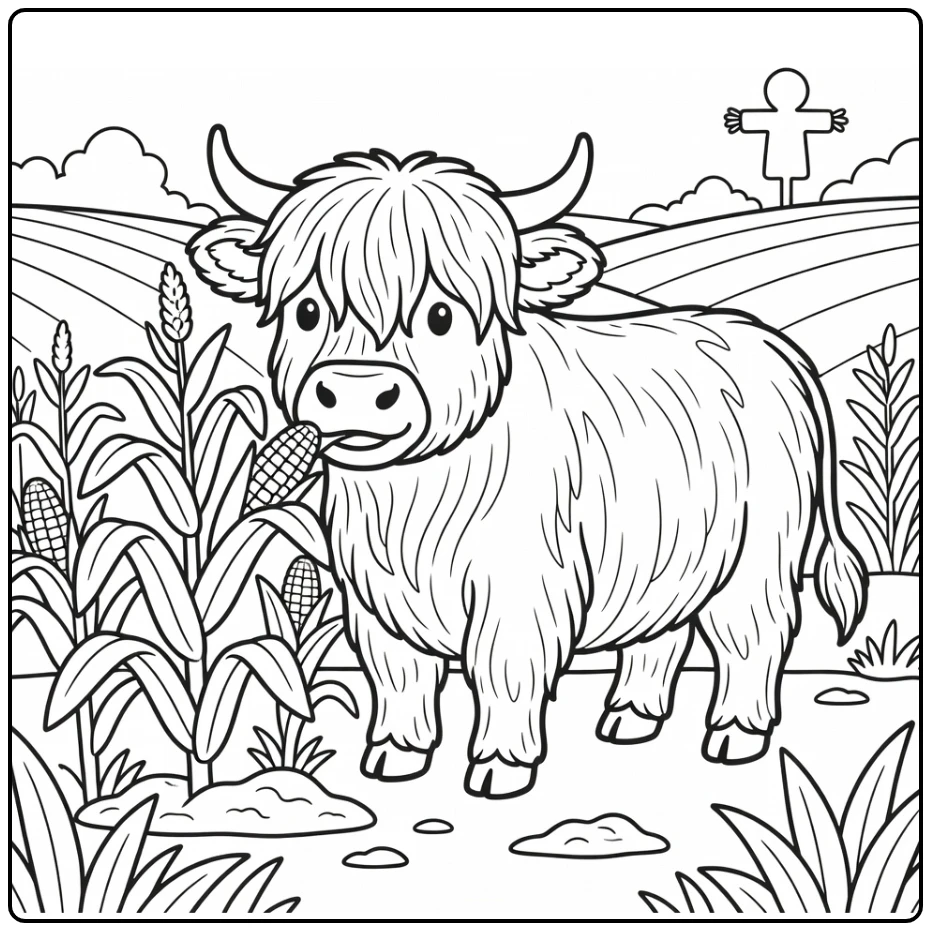 Highland cow coloring pages: shaggy cow peeks in corn patch