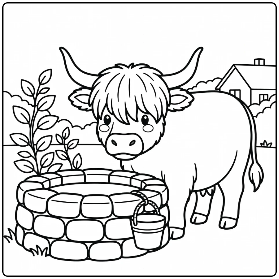Highland cow coloring pages: curious cow sniffing stone well