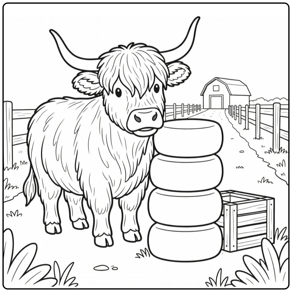 Highland cow coloring pages: shaggy cow sniffs cheese wheels