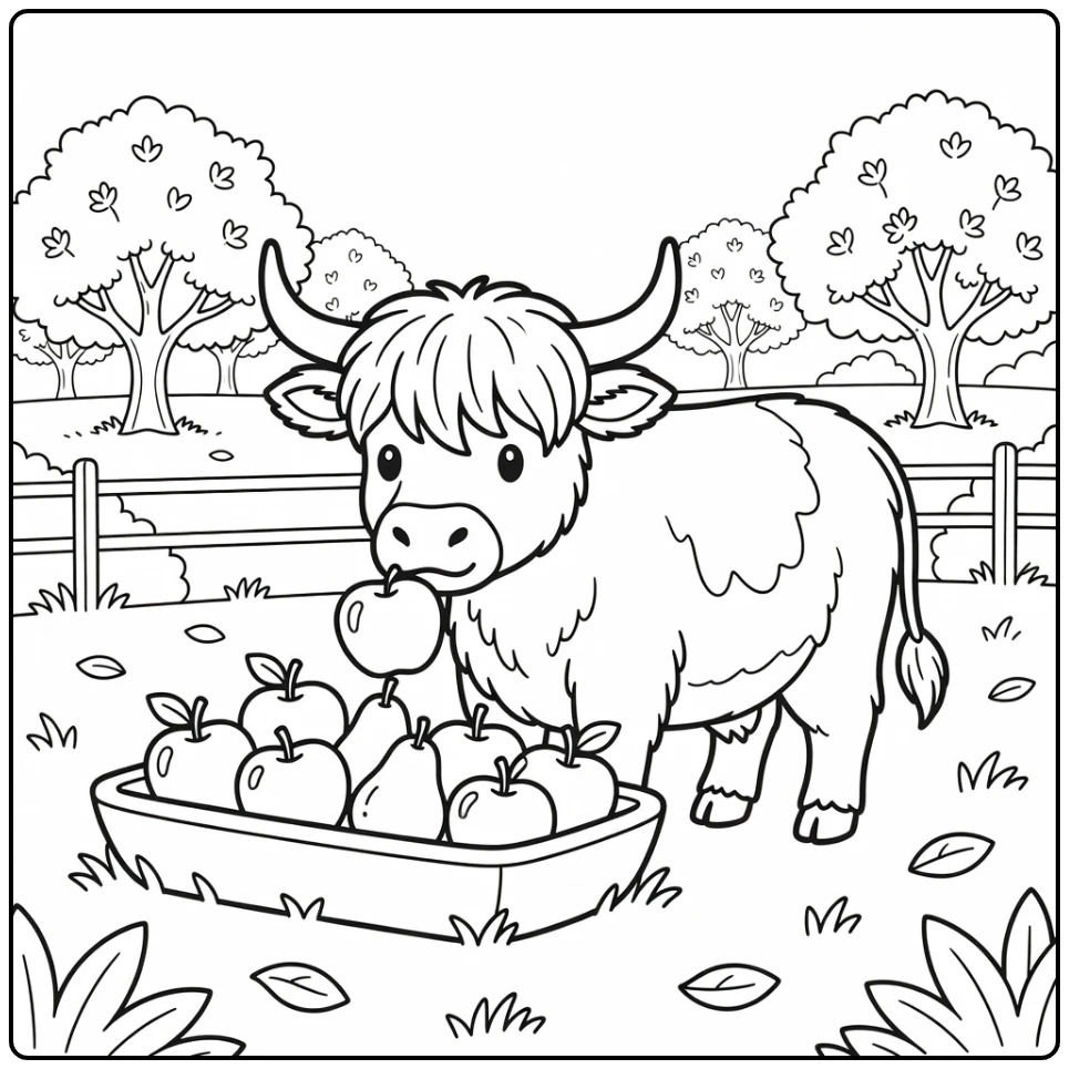 Highland cow coloring pages: fluffy cow sniffing apples in trough