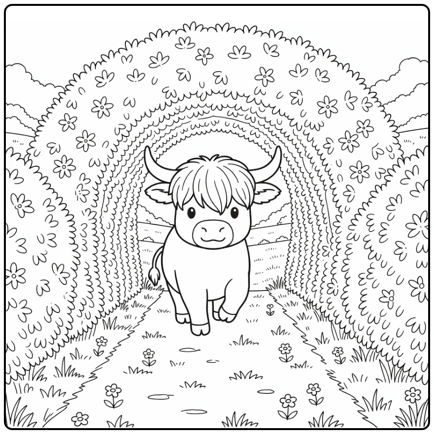 Highland cow coloring pages: shaggy cow steps into hedgerow tunnel
