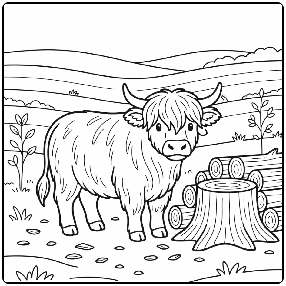 Highland cow coloring pages: rubbing horn on stump by logs