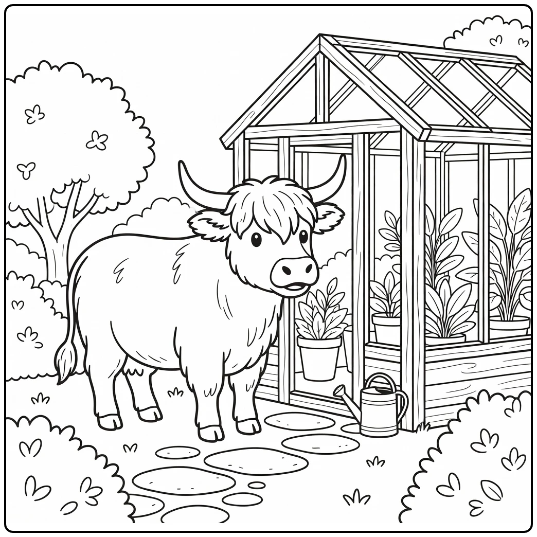 Highland cow coloring pages: shaggy cow nosing greenhouse