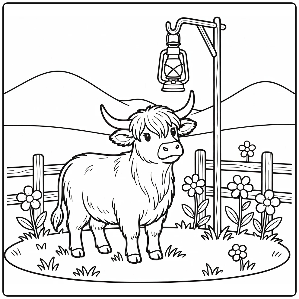 highland cow coloring pages: shaggy cow under lantern