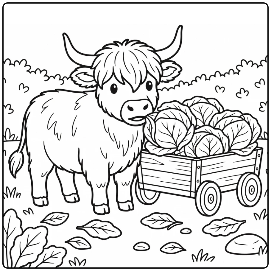 Highland cow coloring pages: fluffy cow sniffing cabbage cart