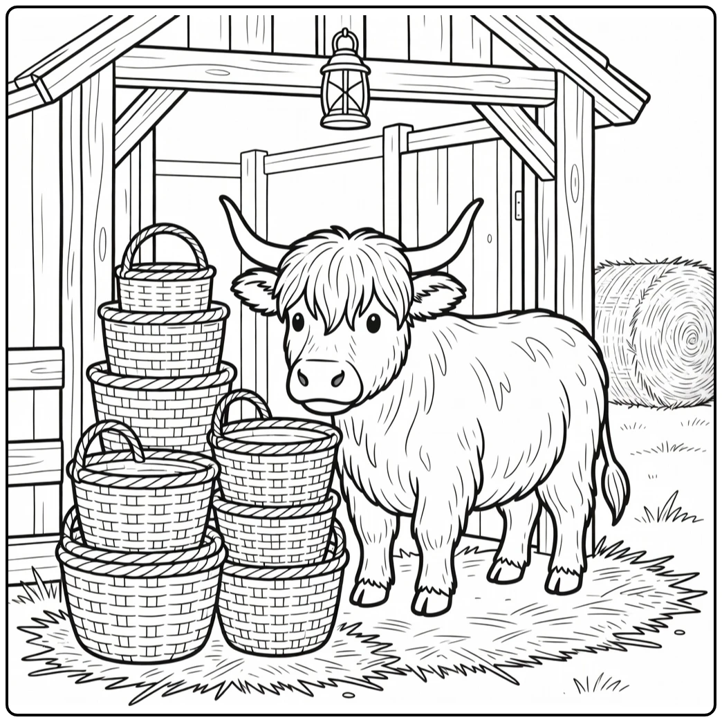 Curious highland cow sniffing baskets in shed coloring pages