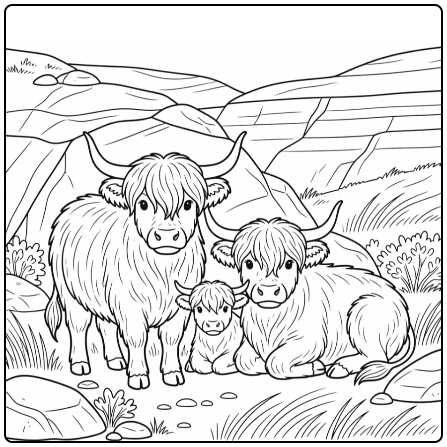 Highland cows coloring pages: family huddling under rocky overhang