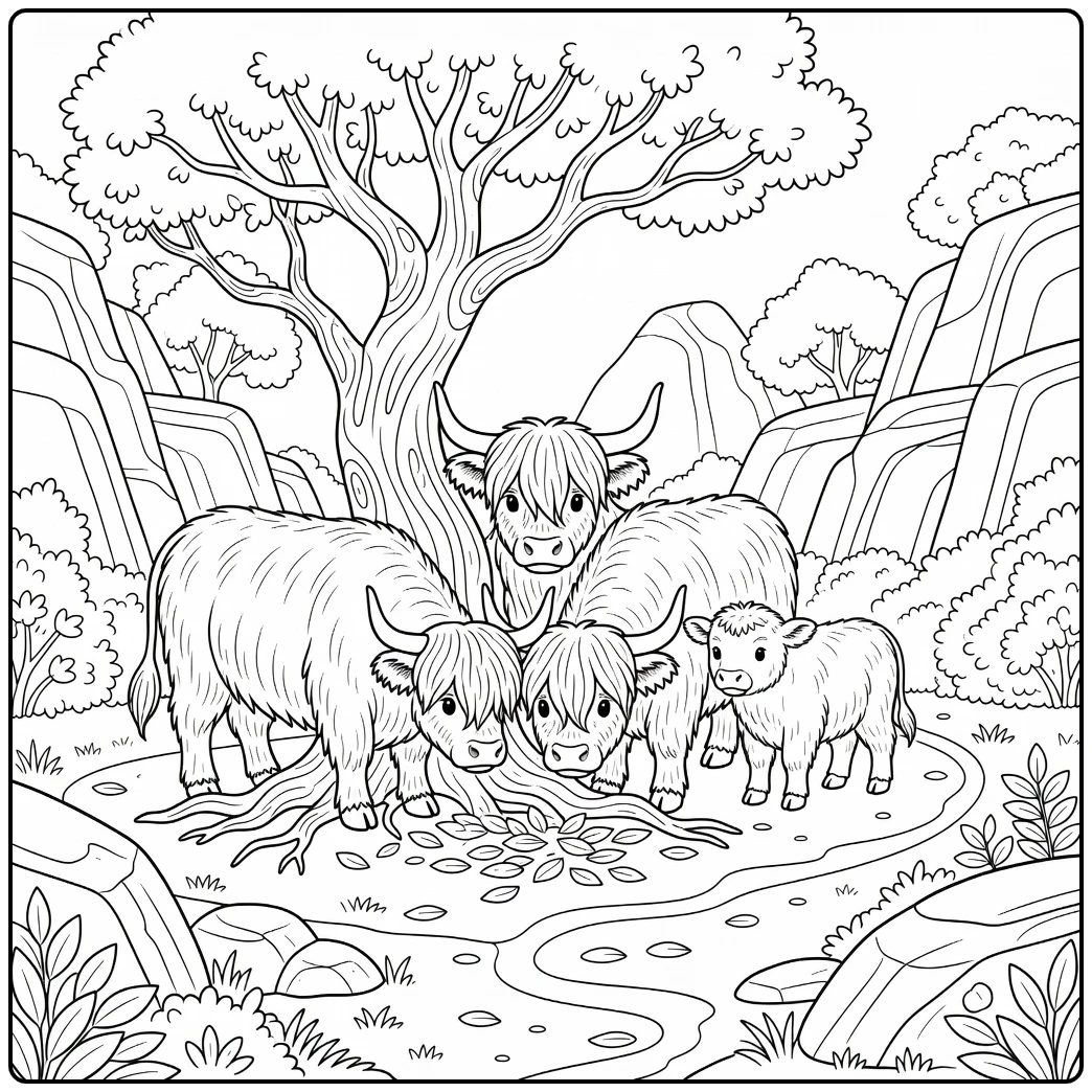 Highland cows coloring pages: family explores glen with twisted tree