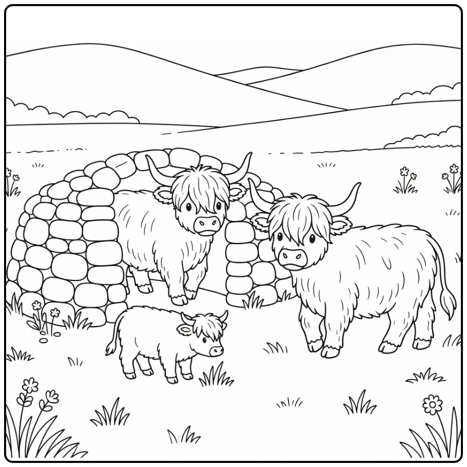 Highland cows coloring pages: family at stone sheepfold
