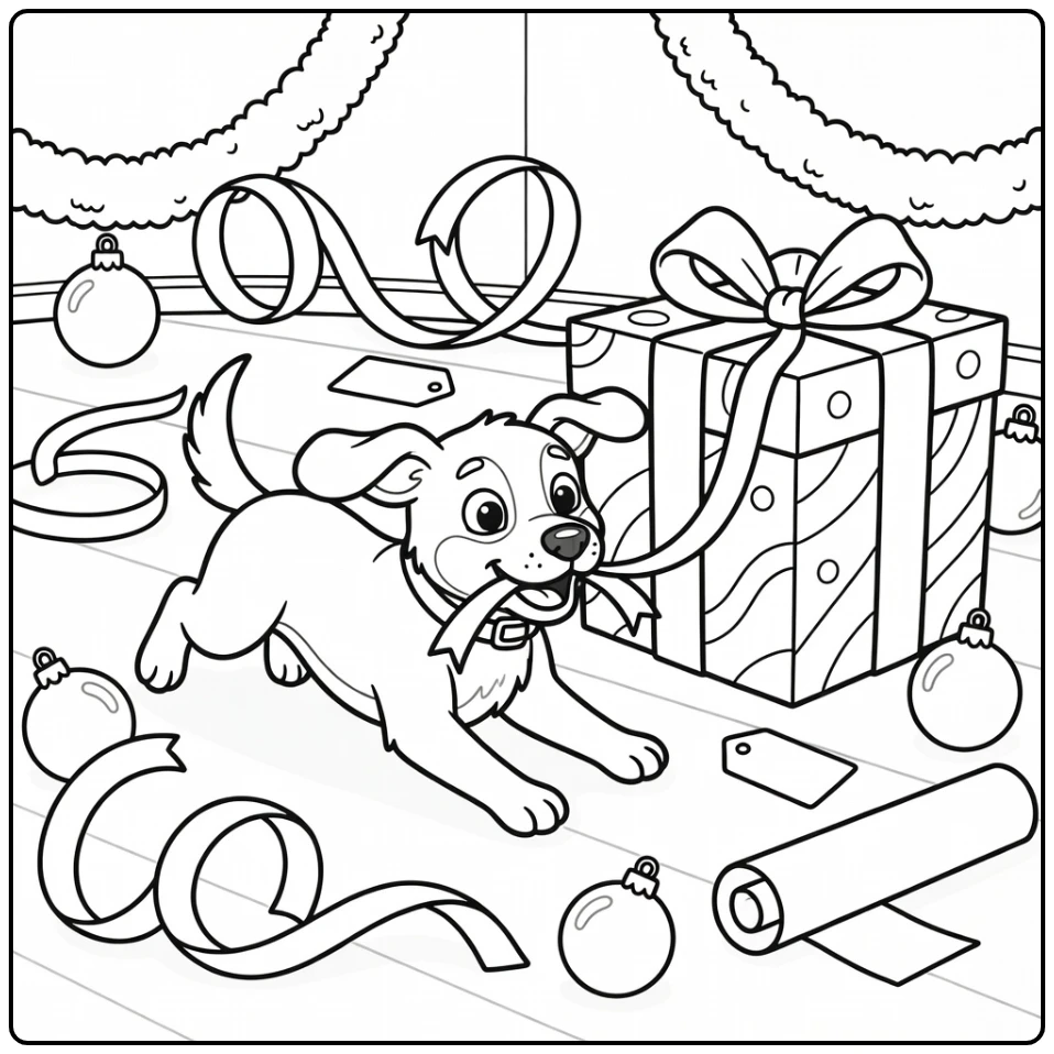 Playful Dog sliding by giant gift holiday Dog coloring pages