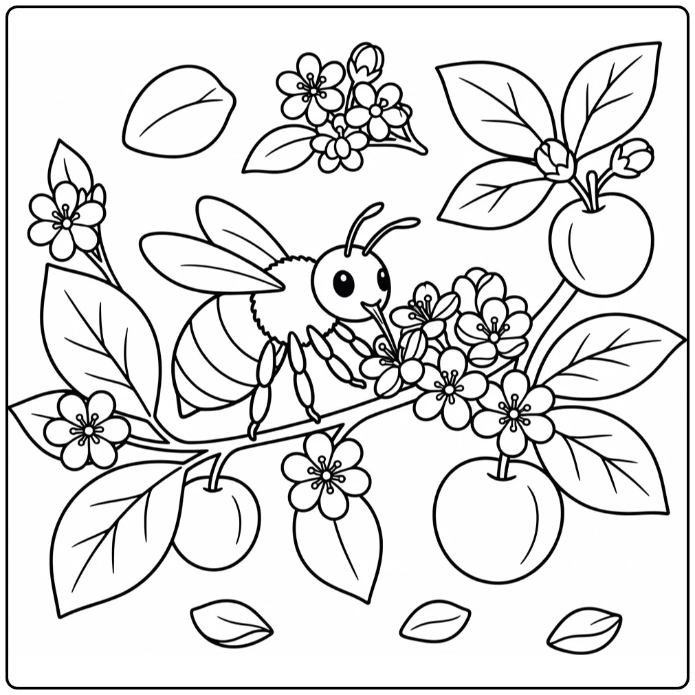 Honey bee coloring page with bee on orchard blossoms