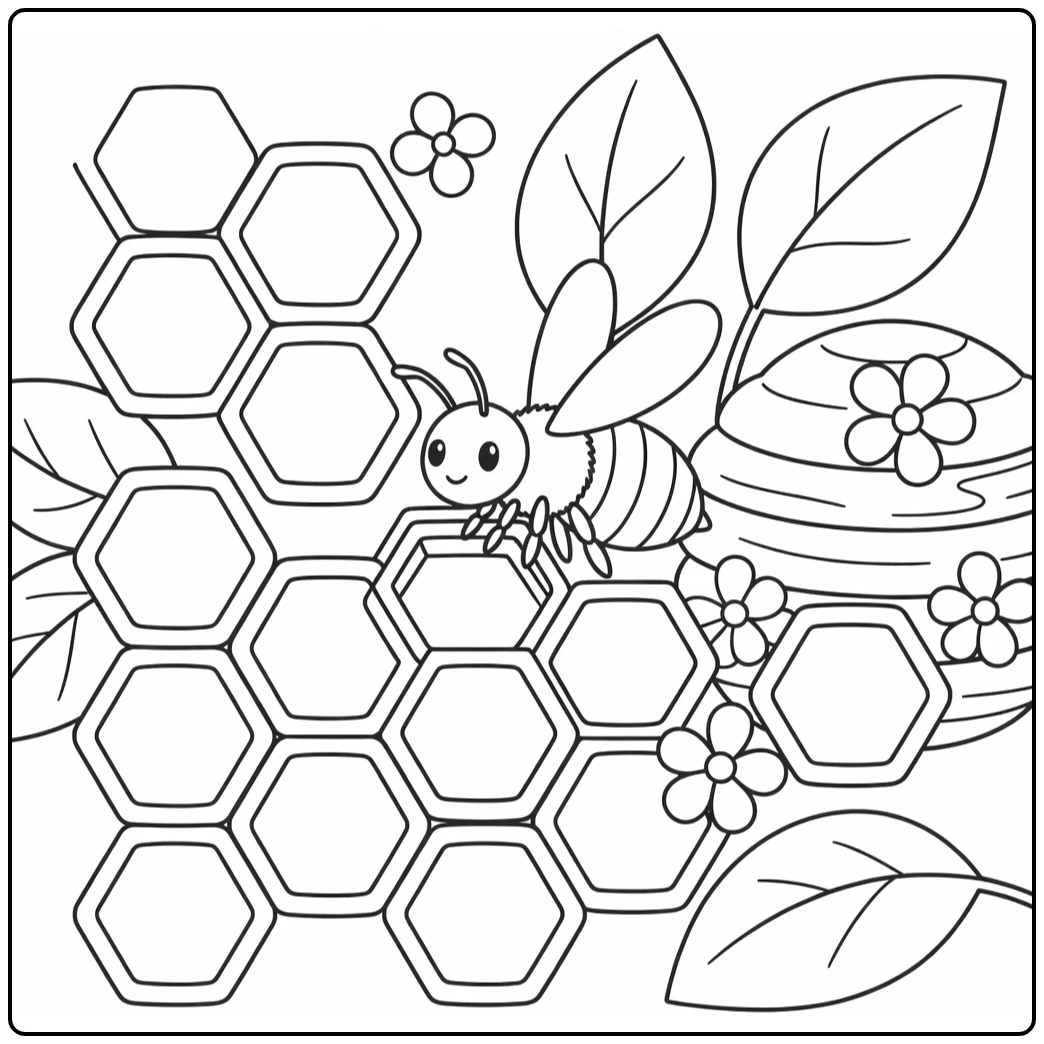Honey bee coloring page on honeycomb cell with wings