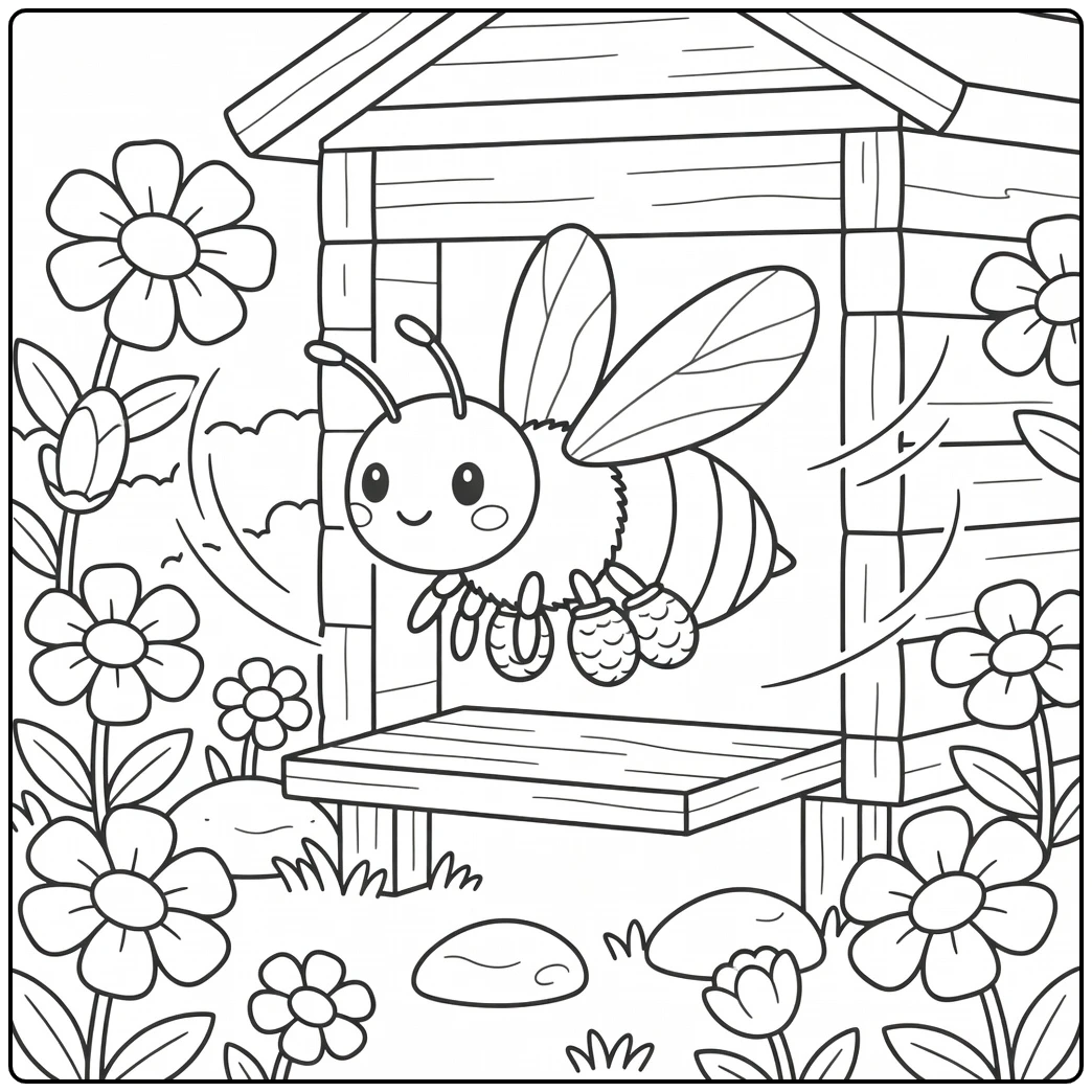 Honey bee coloring page with hive and meadow flowers