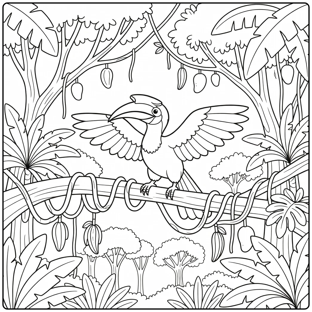 Jungle animals coloring page: hornbill landing on branch amid vines