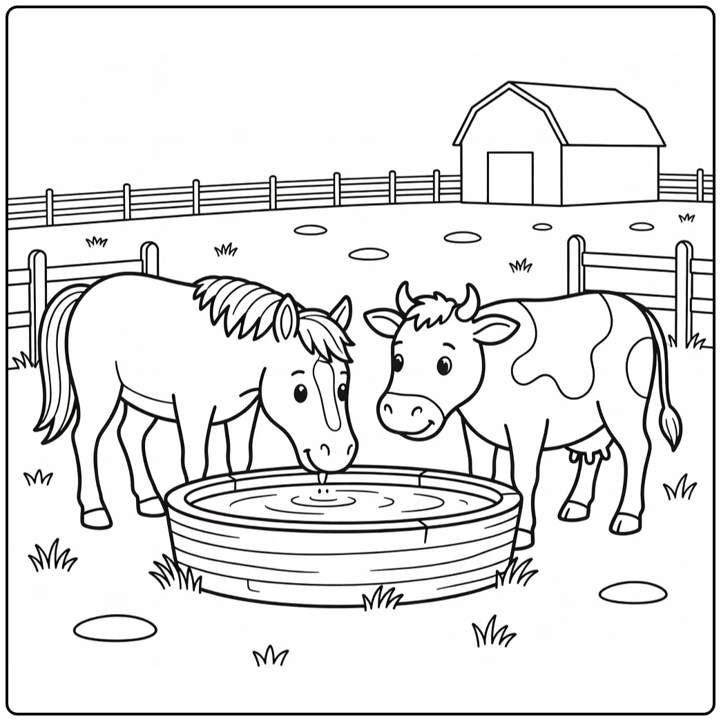 Horse and cow coloring pages: drinking at farm trough