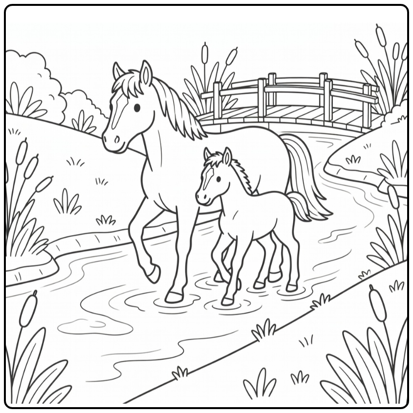 Horse and foal coloring page of them crossing a shallow creek