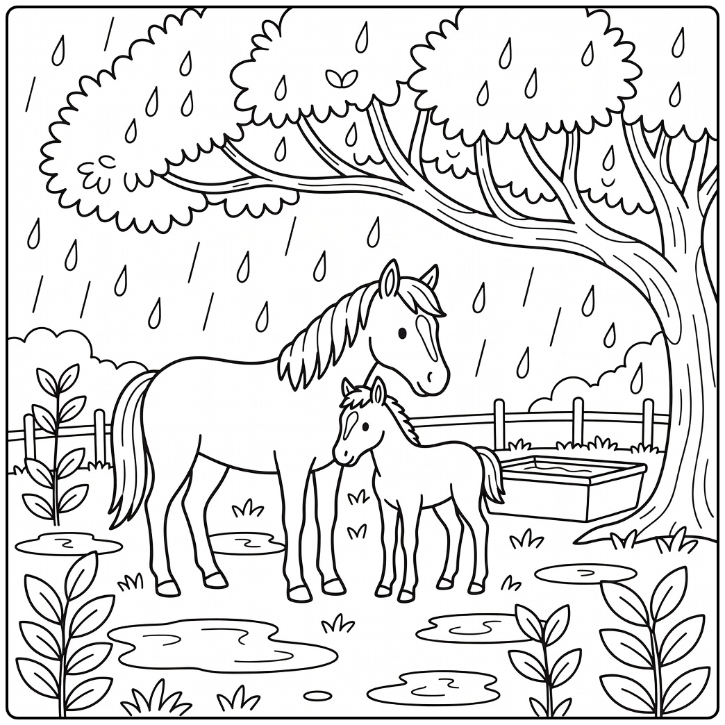 Horse and foal coloring page under a tree during rain