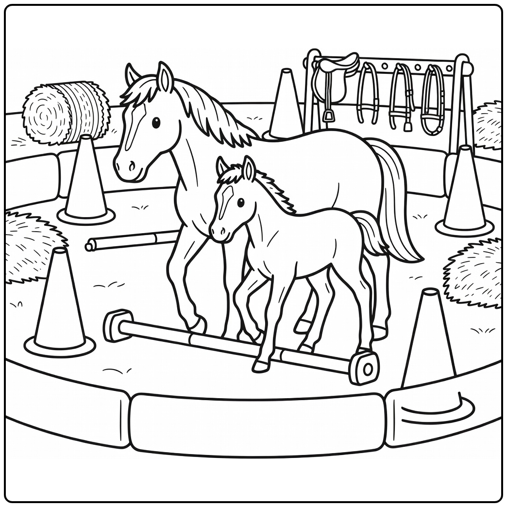 horse and foal coloring page in training ring with poles