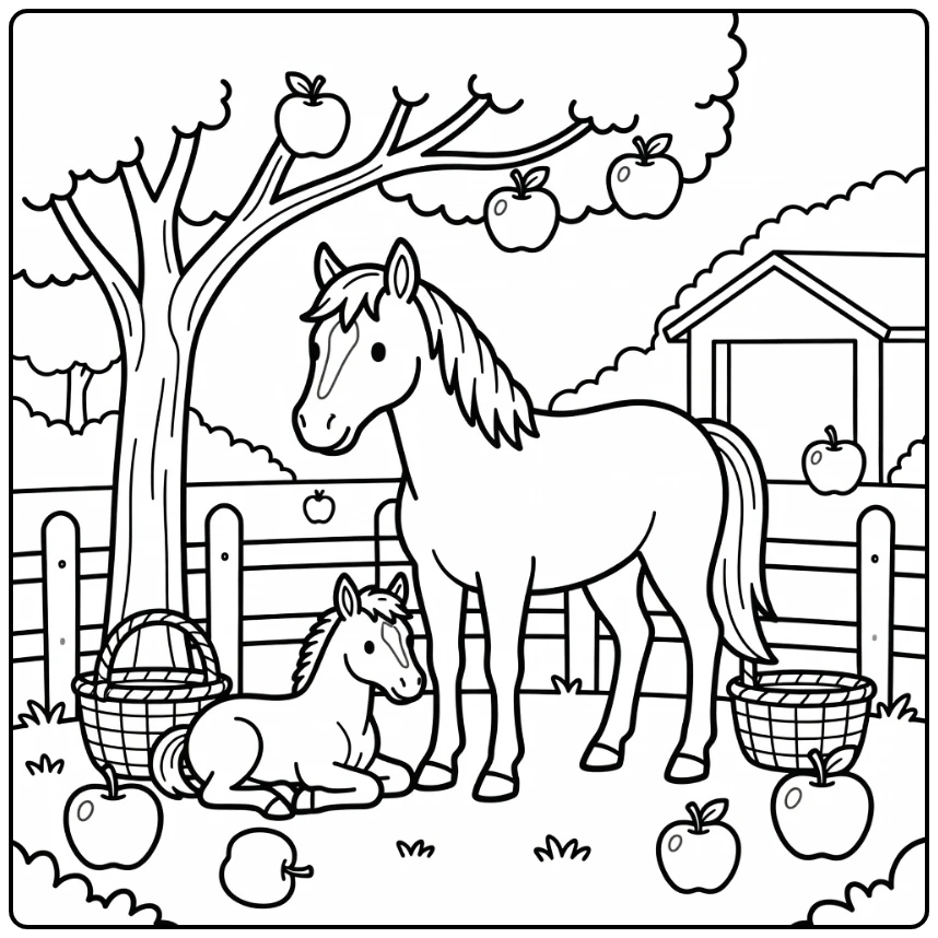 Farm animal coloring page: horse & foal under apple tree