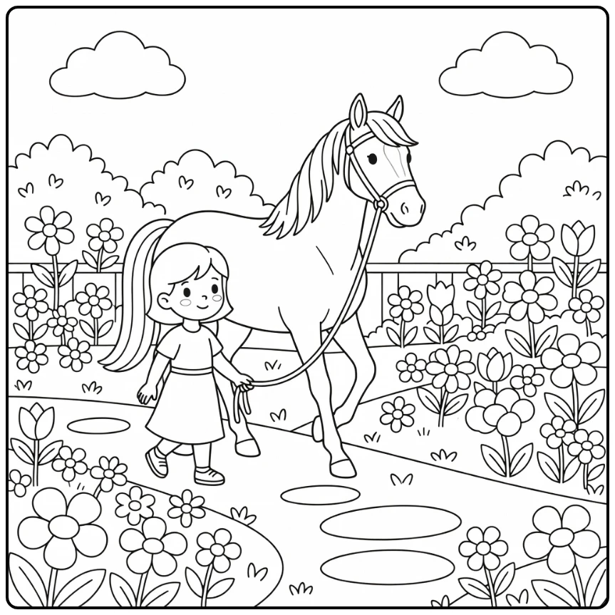 Charming horse and girl coloring page with flowers and path