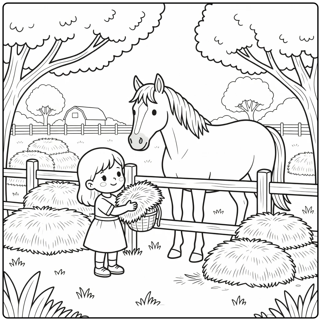 horse and girl coloring page of girl feeding hay to horse