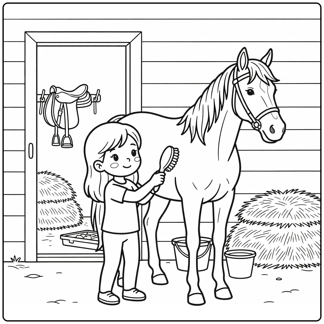 Horse and girl coloring page brushing calm horse in stable