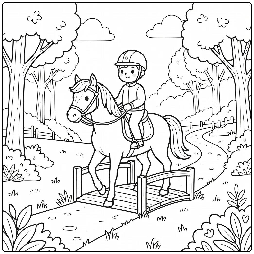 horse and rider coloring page on woodland bridge trail