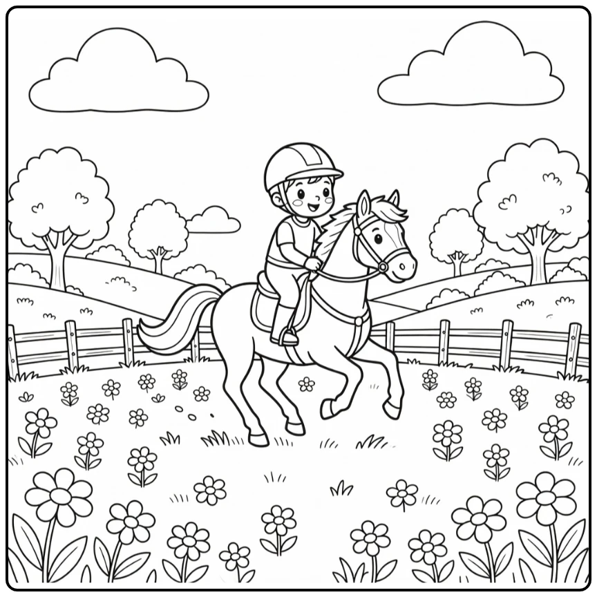 horse and rider coloring page in scenic meadow with hills