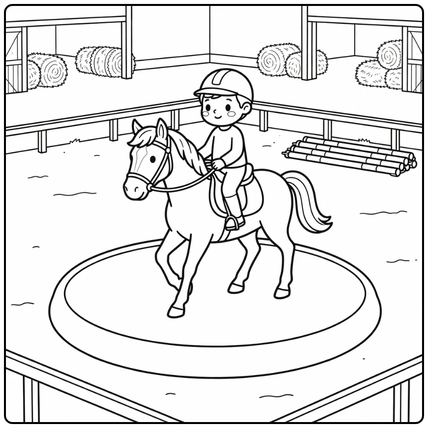 horse and rider coloring page at collected trot in arena