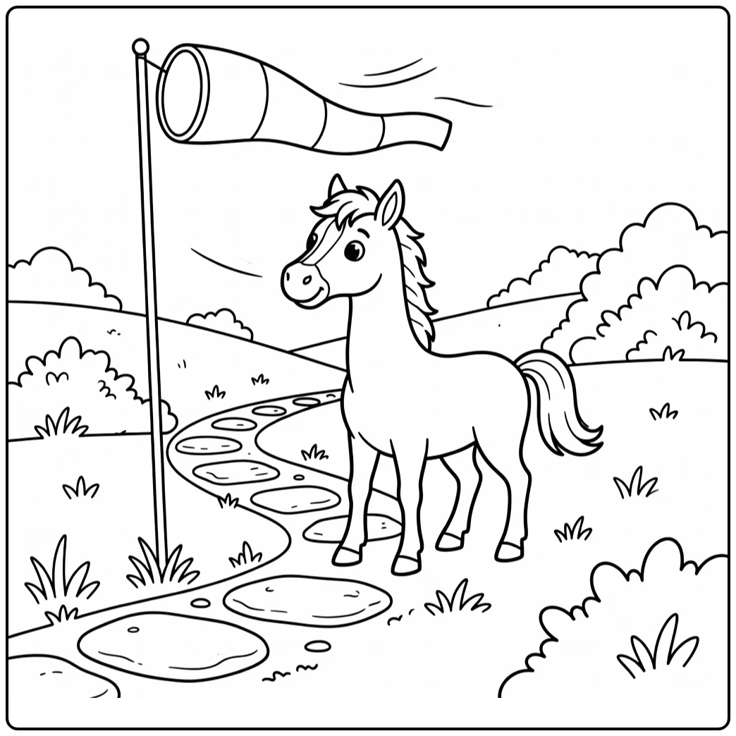 Horse cartoon coloring page with curious horse and windsock