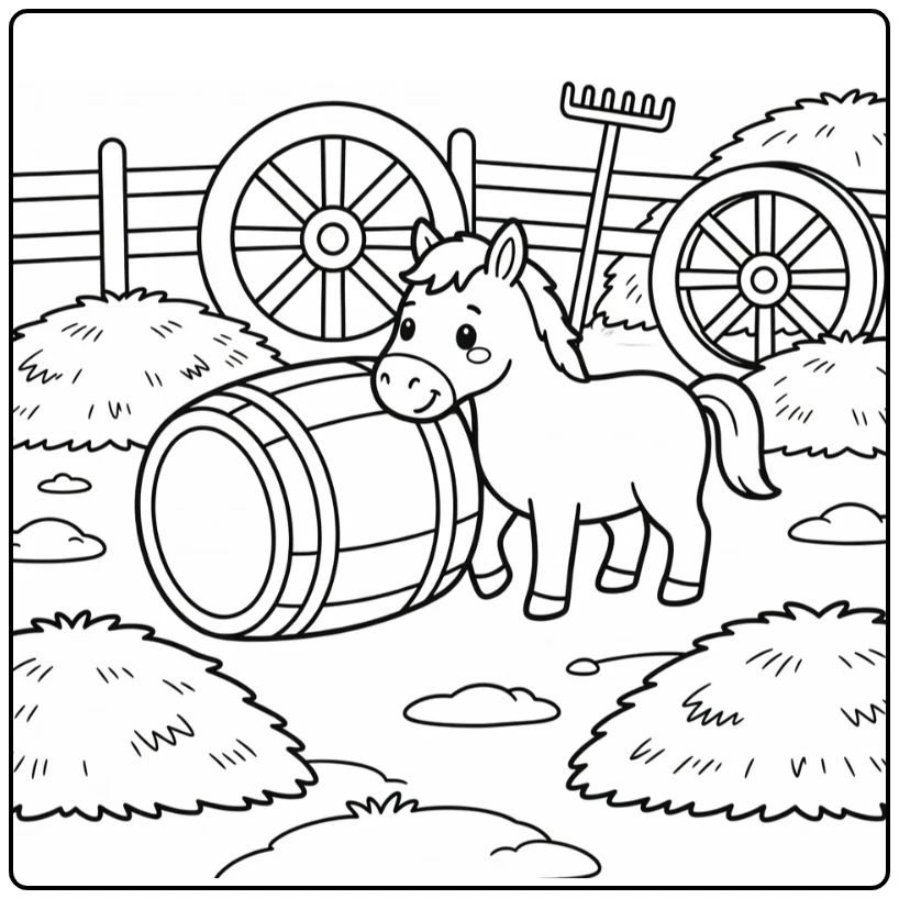 horse cartoon coloring page playful horse pushing barrel