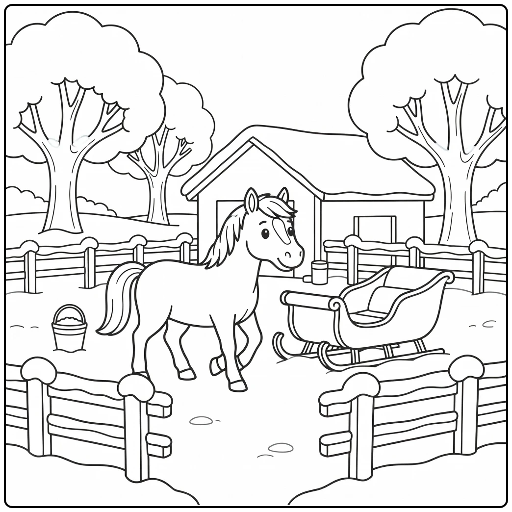Horse coloring page of a horse in snowy farm paddock