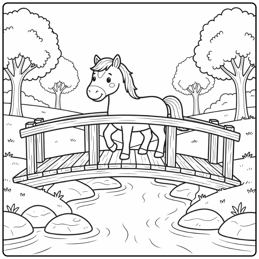 Horse coloring page with horse on wooden bridge