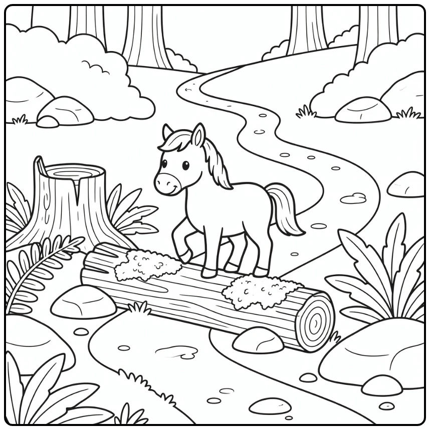 Horse coloring page with horse over mossy log in forest