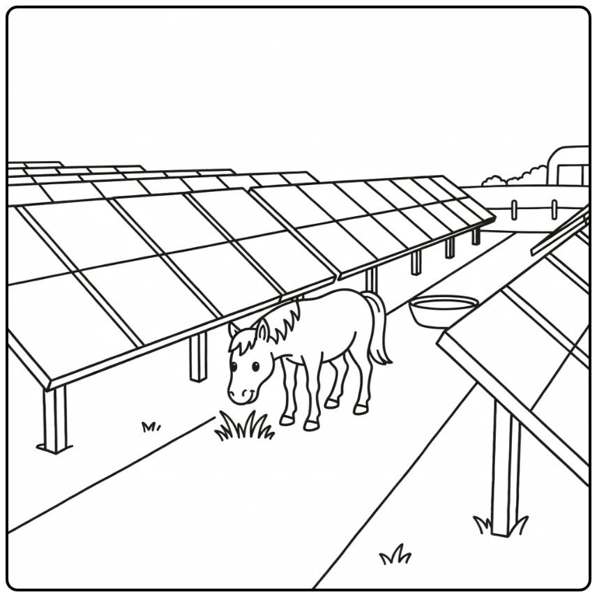 Horse coloring page with cute horse near solar panels
