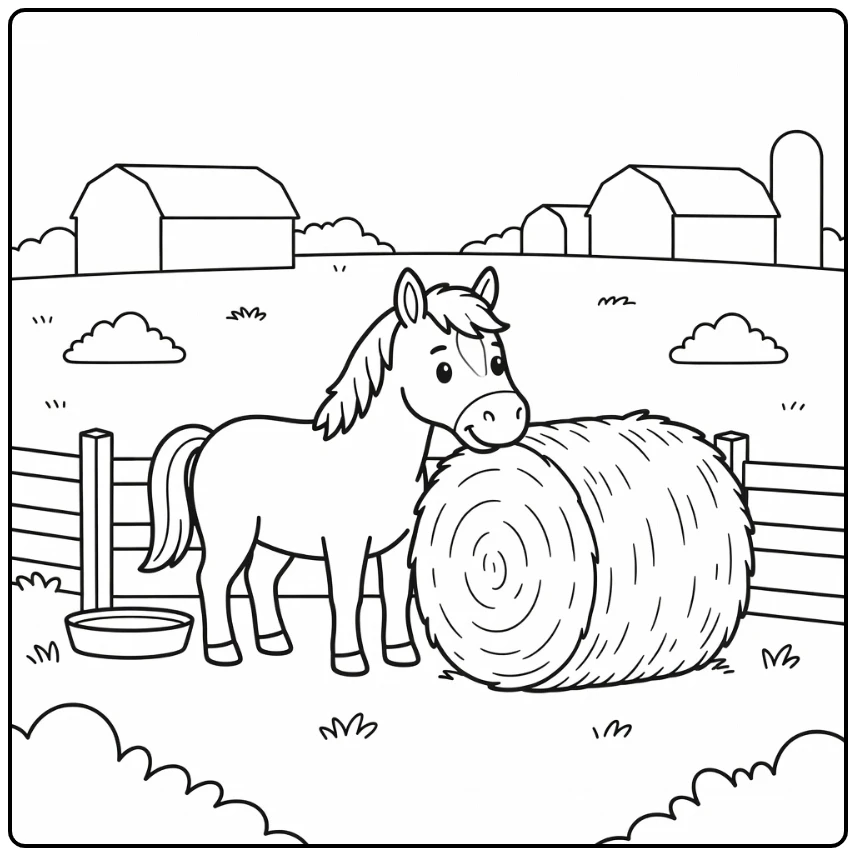 Charming horse coloring page with horse nuzzling hay bale