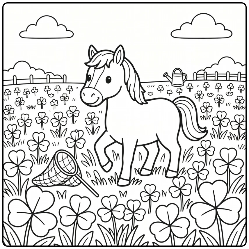 Cute horse coloring page in clover field near butterfly net