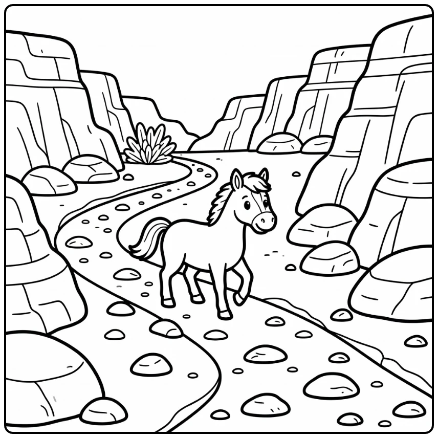 horse coloring page of cartoon horse on rocky canyon trail
