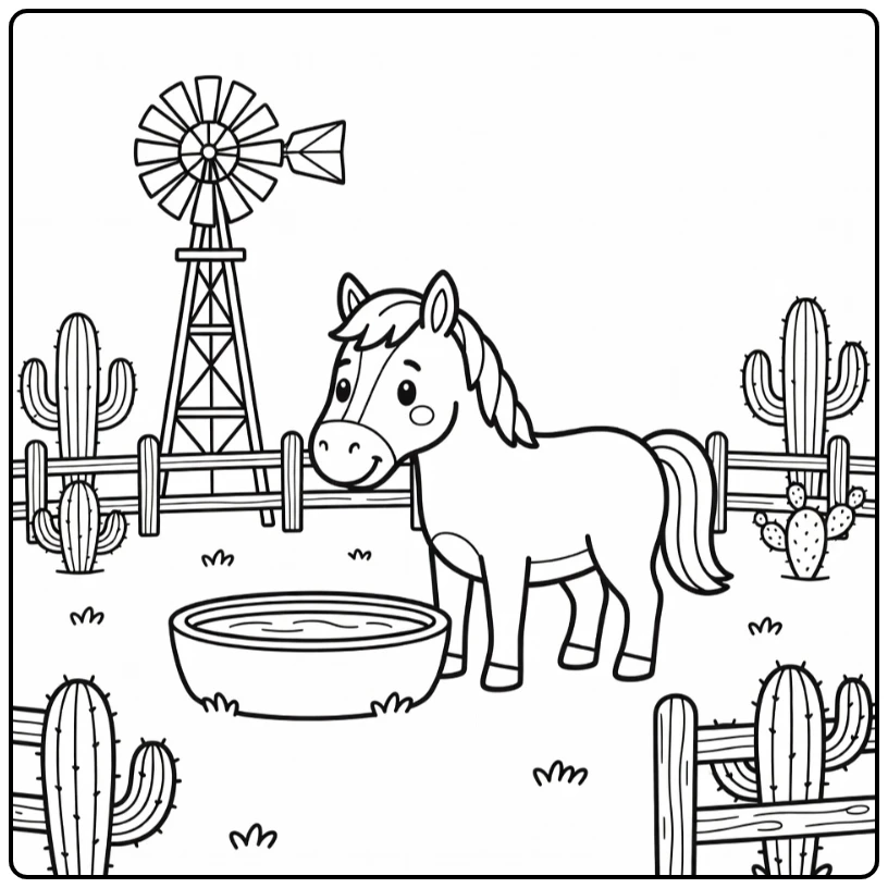 Charming horse coloring page in western ranch with windmill