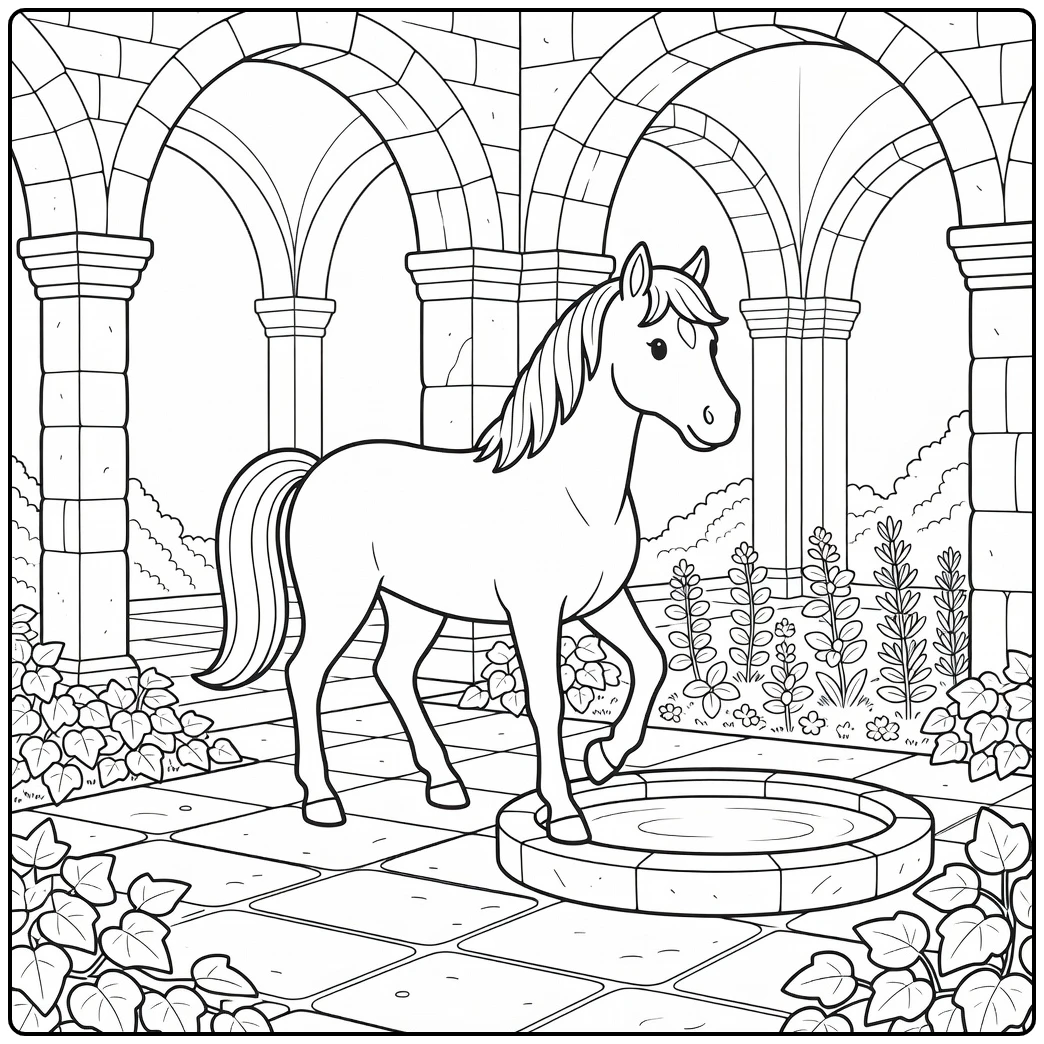 Graceful horse coloring page for adults in cloister garden