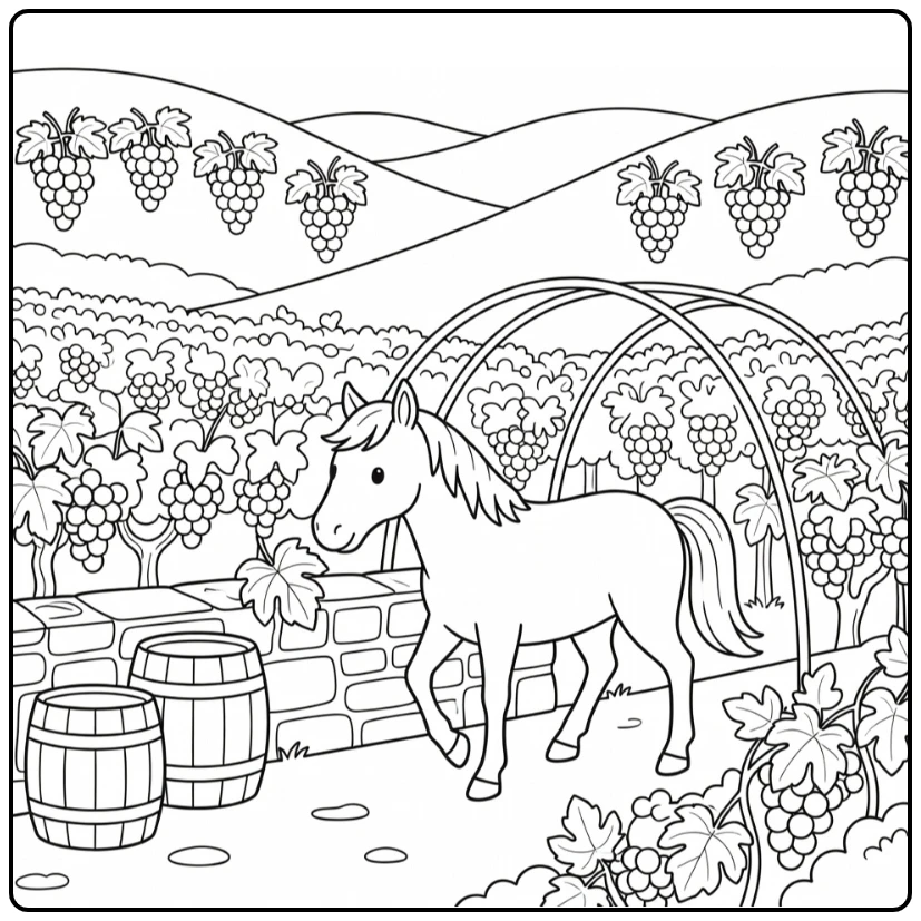 Relaxing Horse Coloring Page for Adults in Vineyard